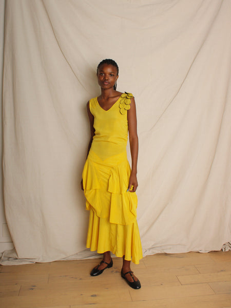 30s Yellow Silk Crepe Tiered Dress