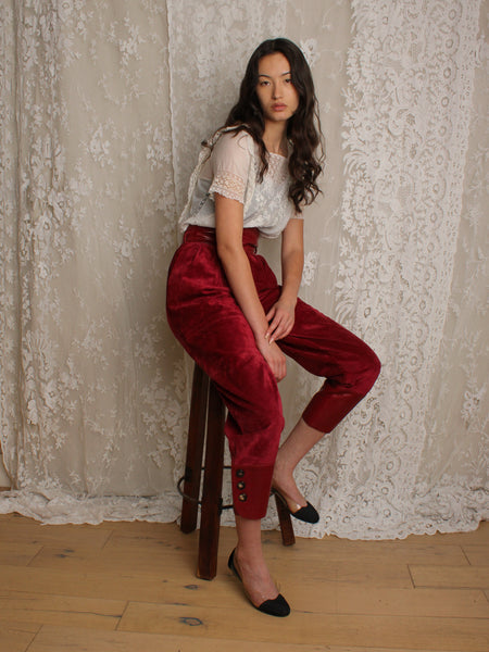 Ysl Cranberry Suede & Leather Trousers
