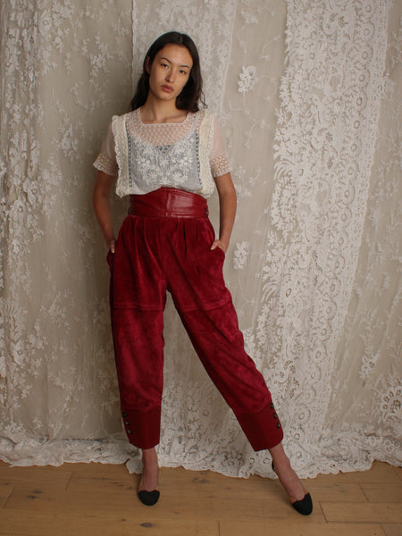 Ysl Cranberry Suede & Leather Trousers