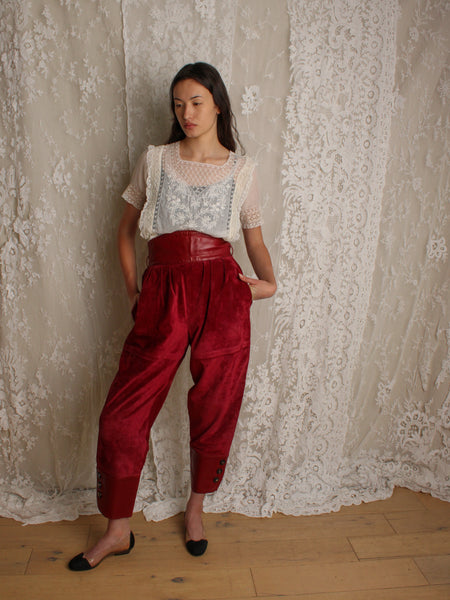 Ysl Cranberry Suede & Leather Trousers
