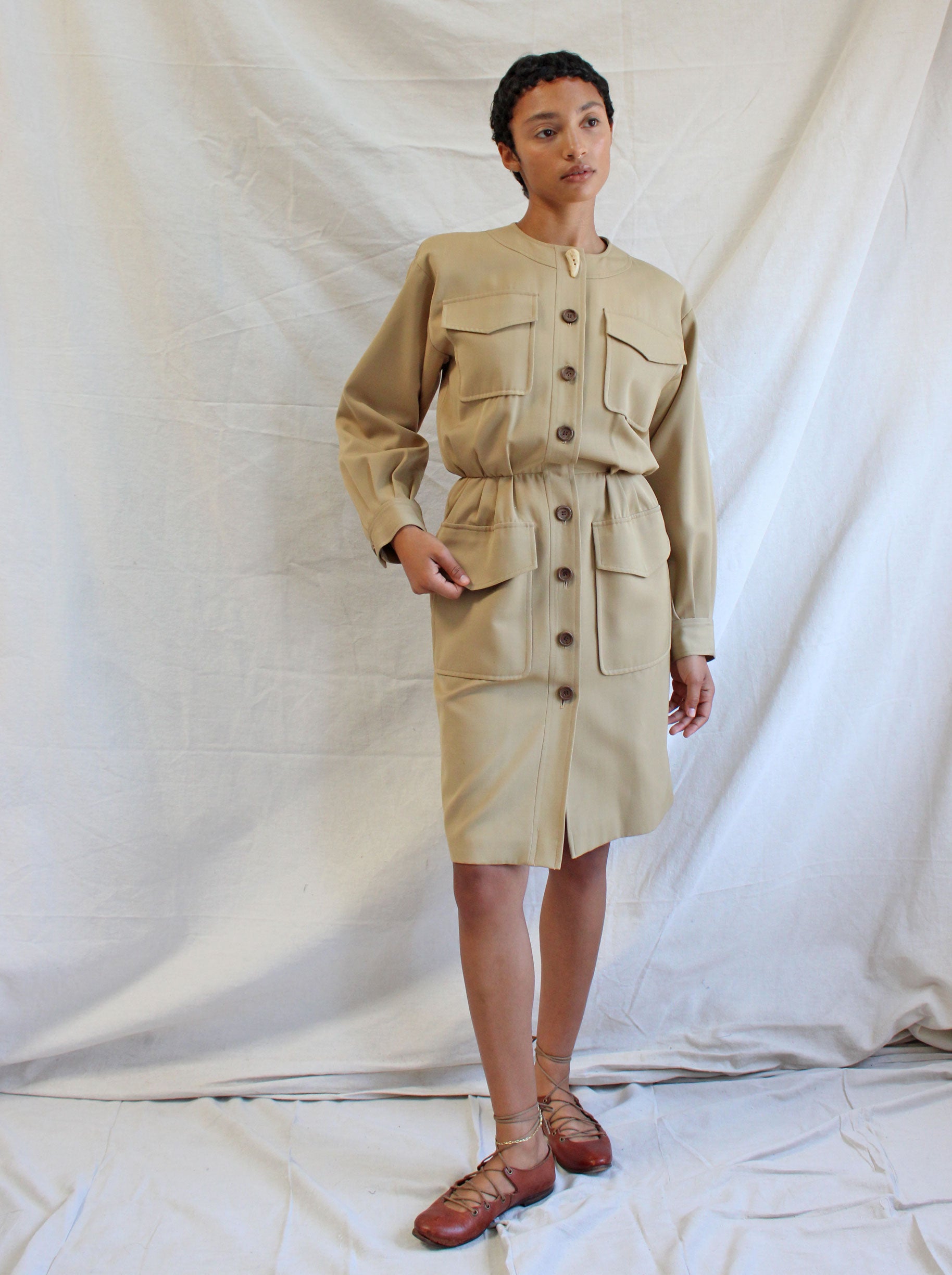 vintage safari dress 1970s Neon Hustle Product Details Cotton midi dress made of vintage fabric Ysl Safari Dress